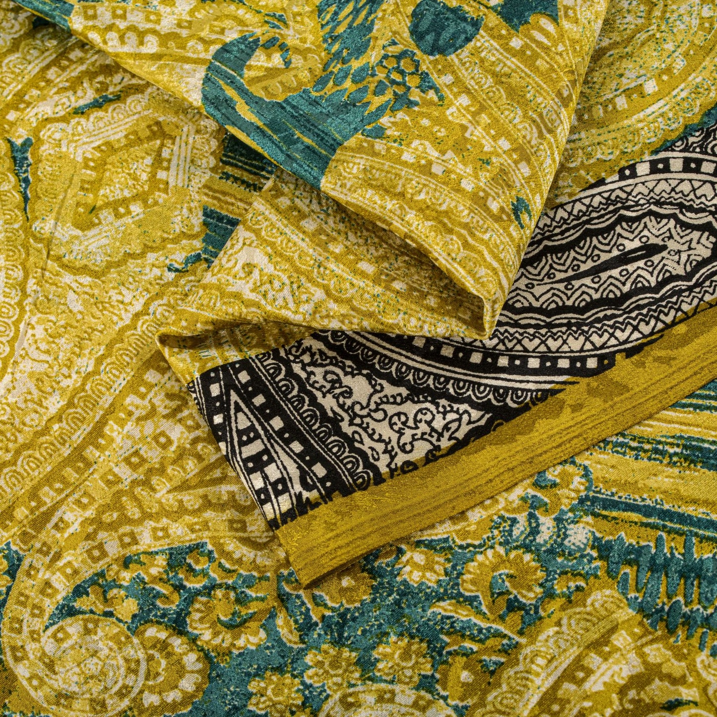 Sanskriti Vintage Soft Yellow-Green Crepe Silk Sari Paisley Printed Saree 6+Yard