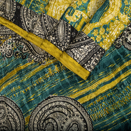 Sanskriti Vintage Soft Yellow-Green Crepe Silk Sari Paisley Printed Saree 6+Yard
