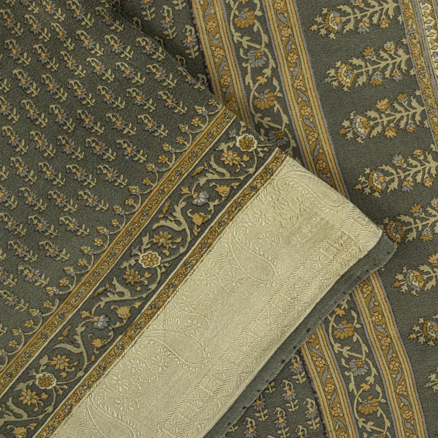 Sanskriti Vintage Green Soft Pure Crepe Silk Sari Hand Block Printed Saree 5.5Yd