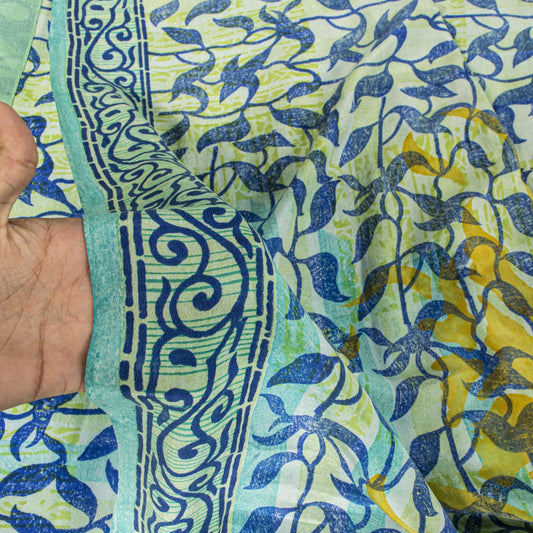 Sanskriti Vintage Saree Blue 100% Pure Crepe Silk Leaf Print Sari 5.5+Yd Fabric