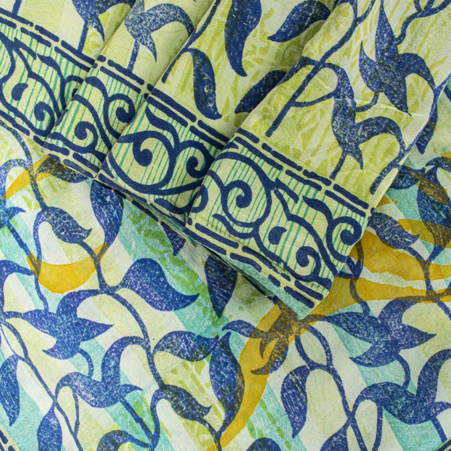 Sanskriti Vintage Saree Blue 100% Pure Crepe Silk Leaf Print Sari 5.5+Yd Fabric