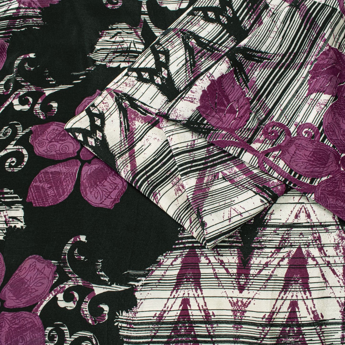 Sanskriti Vintage Saree Purple Pure Crepe Silk Floral Screen Printed Sari 5.5+Yd