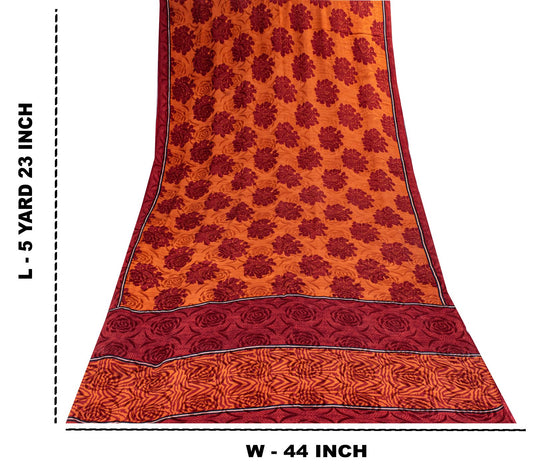Sanskriti Vintage Saree Brown Pure Crepe Silk Floral Printed Sari 5.5+Yd Fabric