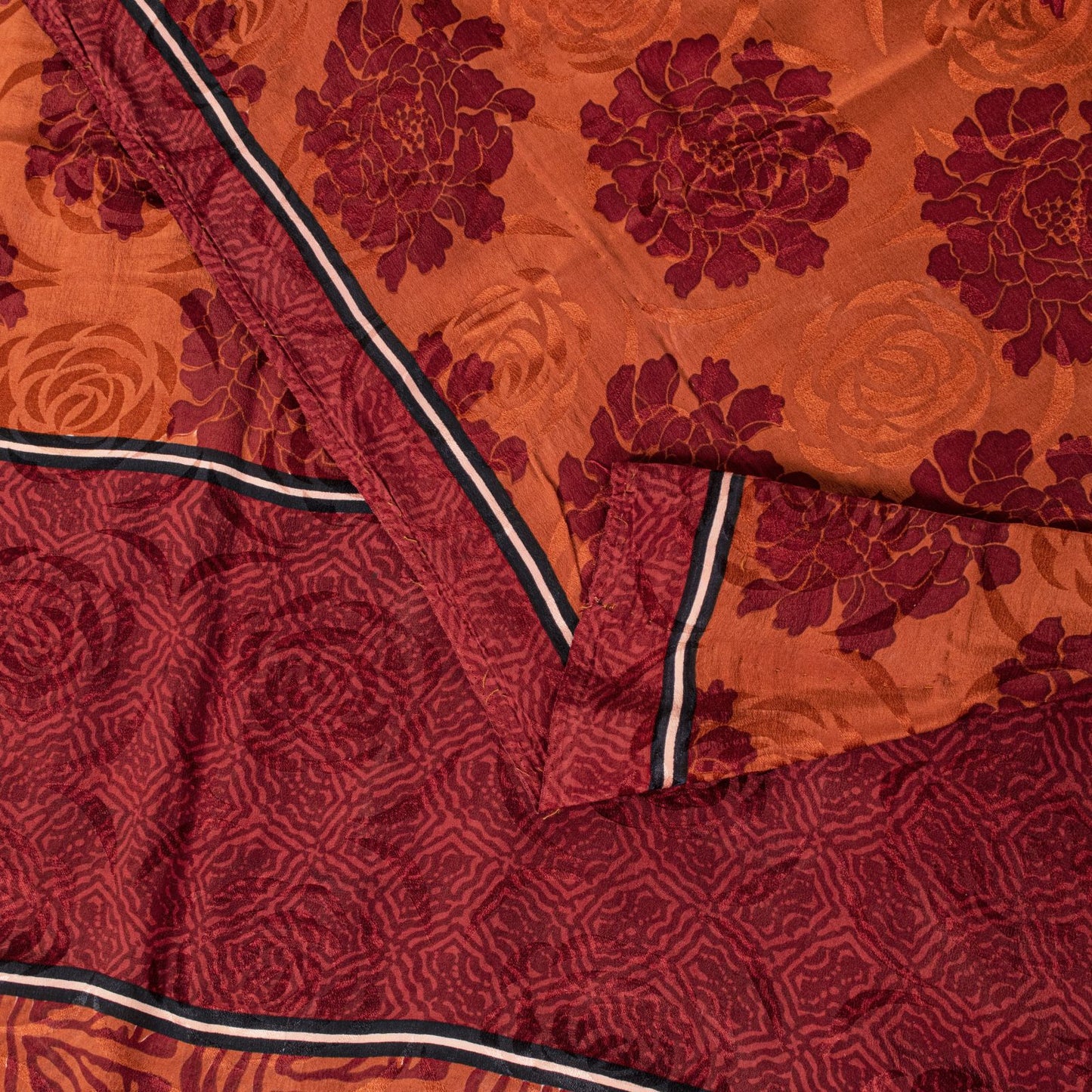 Sanskriti Vintage Saree Brown Pure Crepe Silk Floral Printed Sari 5.5+Yd Fabric