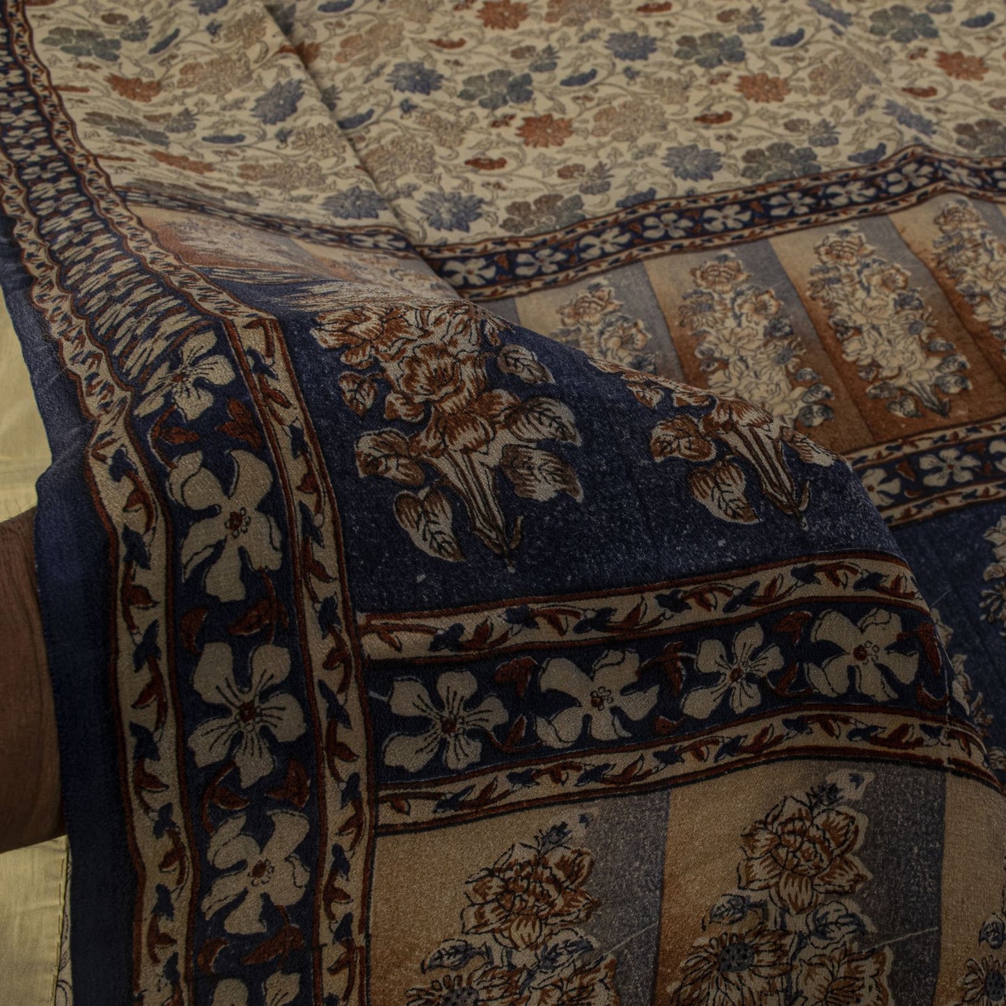 Sanskriti Vintage Saree Gray Pure Crepe Kalamkari Block Print Sari 5.5+Yd Fabric