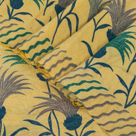 Sanskriti Vintage Saree Yellow Pure Crepe Floral Print Sari 5.5+Yd Craft Fabric
