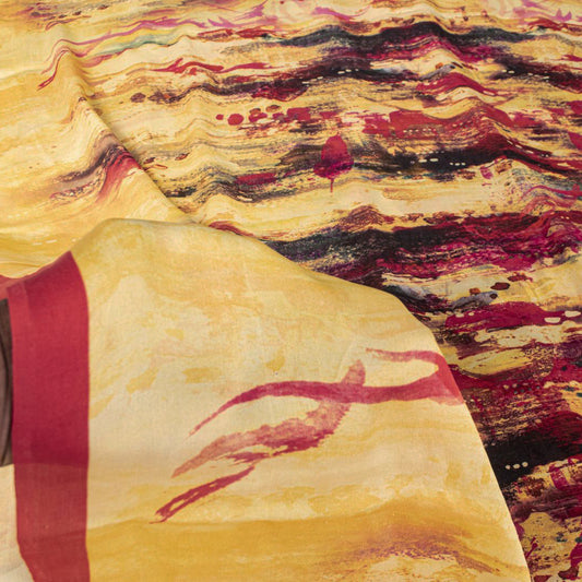 Sanskriti Vintage Saree Yellow-Red 100%Pure Crepe Abstract Print Sari +Yd Fabric