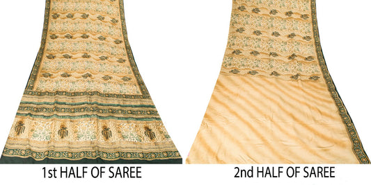 Sanskriti Vintage Saree Beige Pure Crepe Sanganeri Block Print Sari 5.5Yd Fabric