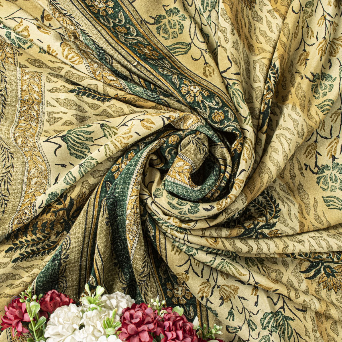 Sanskriti Vintage Saree Beige Pure Crepe Sanganeri Block Print Sari 5.5Yd Fabric