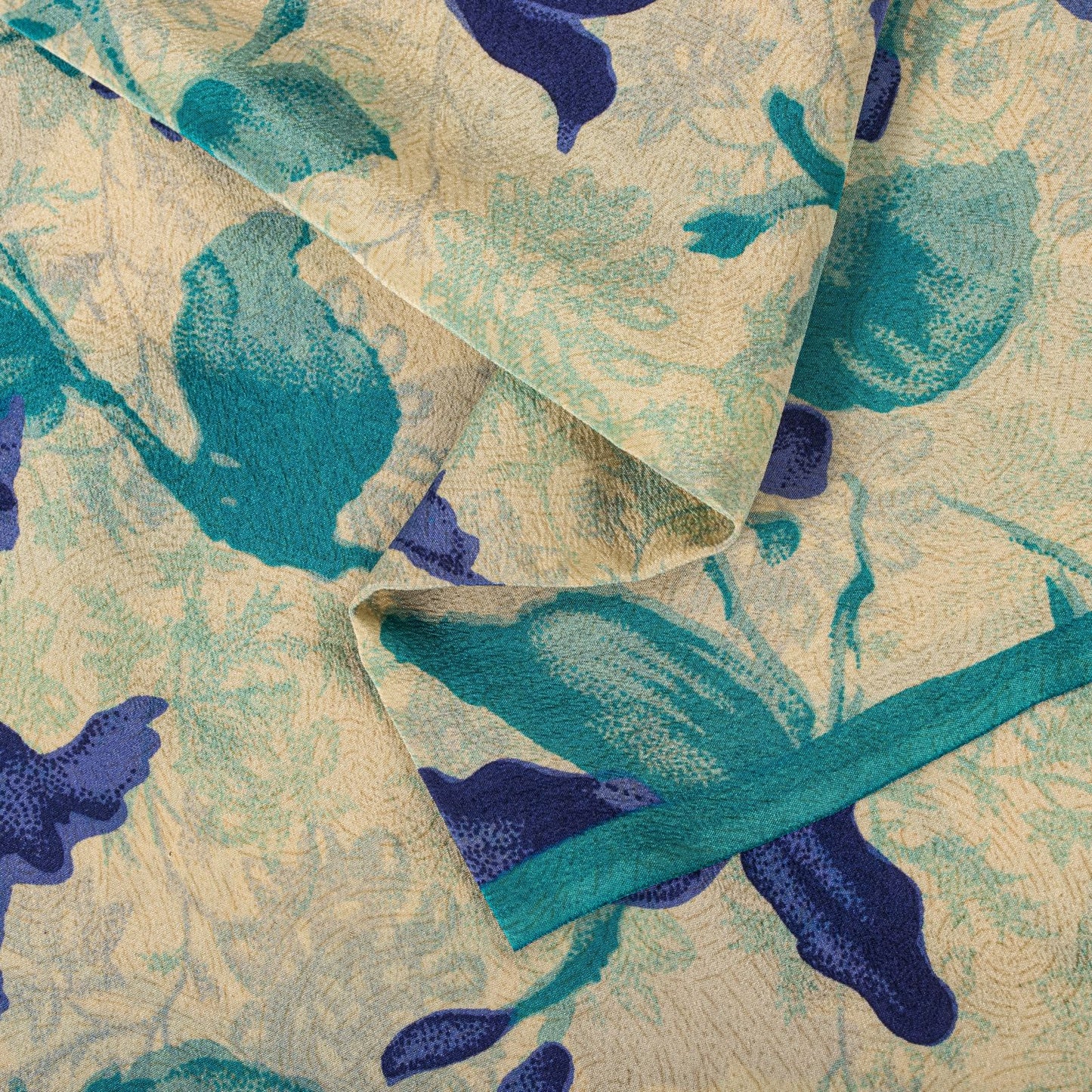 Sanskriti Vintage Saree Cream-Blue Pure Crepe Digital Print Sari 5.5+Yd Fabric