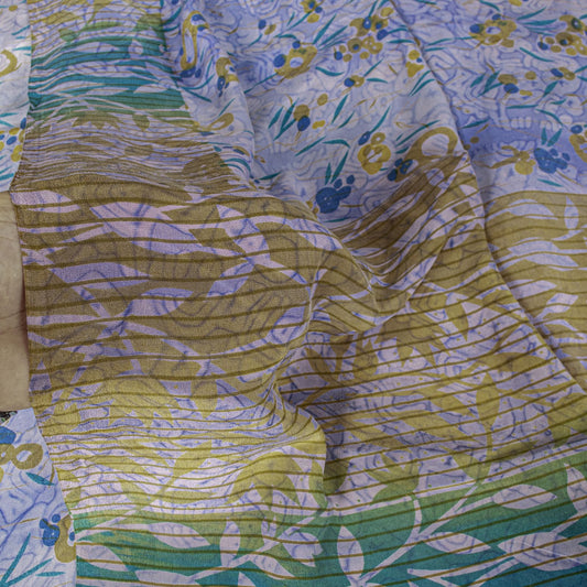 Sanskriti Vintage Saree Blue Pure Crepe Floral Printed Sari 5.5+Yd Craft Fabric