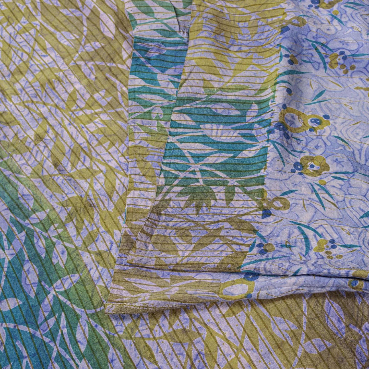 Sanskriti Vintage Saree Blue Pure Crepe Floral Printed Sari 5.5+Yd Craft Fabric
