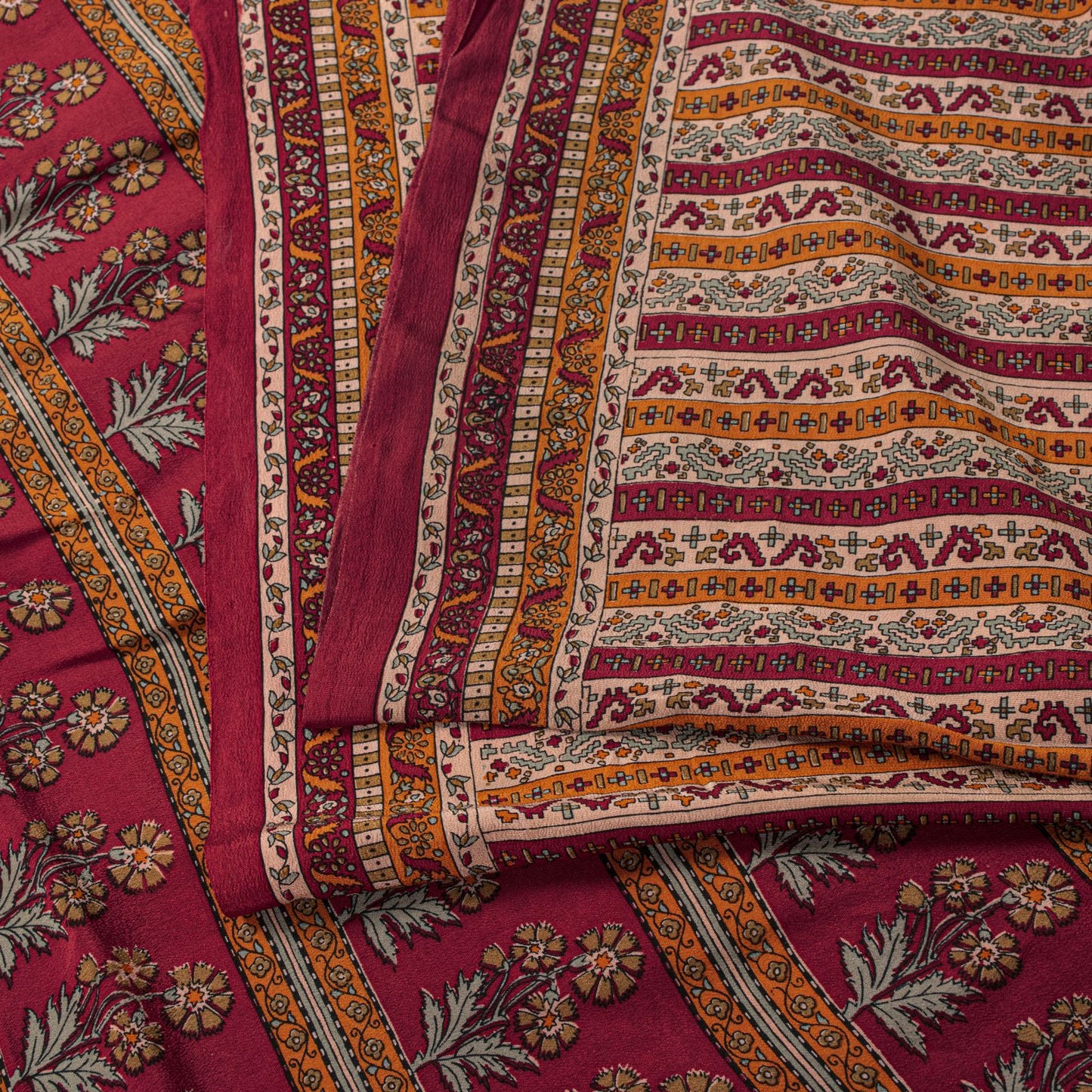 Sanskriti Vintage Saree Red Pure Crepe Floral Printed Sari 5.5+Yd Craft Fabric
