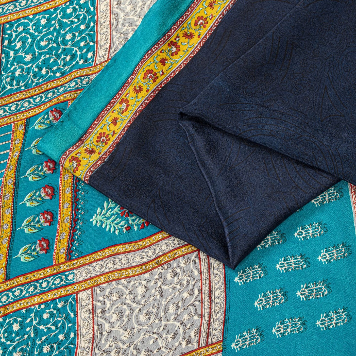 Sanskriti Vintage Saree Blue Pure Crepe Block Printed Sari 5.5+Yd Craft Fabric