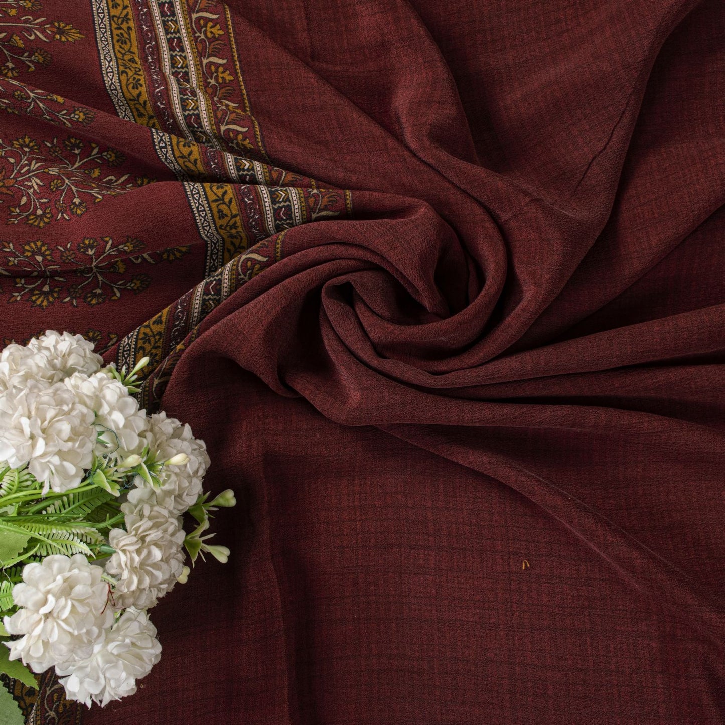 Sanskriti Vintage Saree Beige-Red Pure Crepe Floral Printed Sari 5.5+Yd Fabric