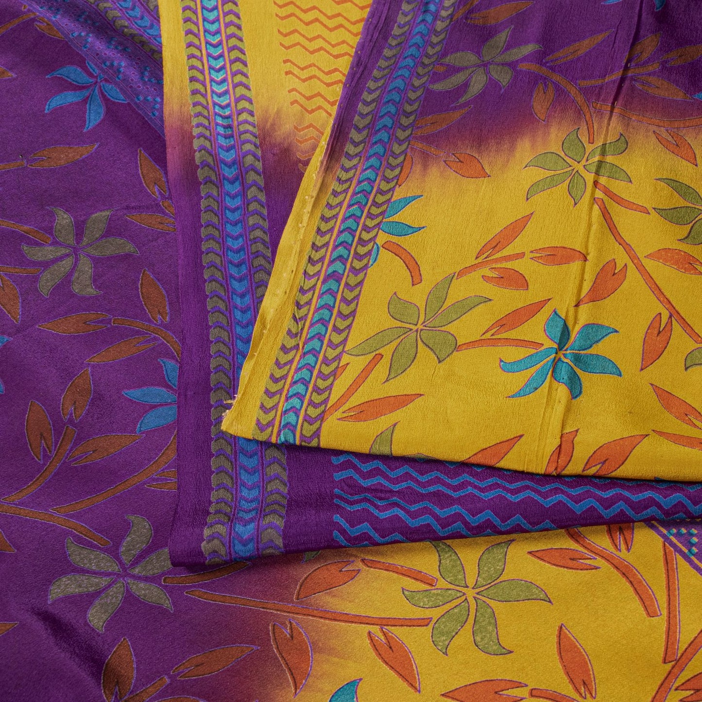 Sanskriti Vintage Saree Violet-Yellow Pure Crepe Floral Printed Sari 6Yd Fabric