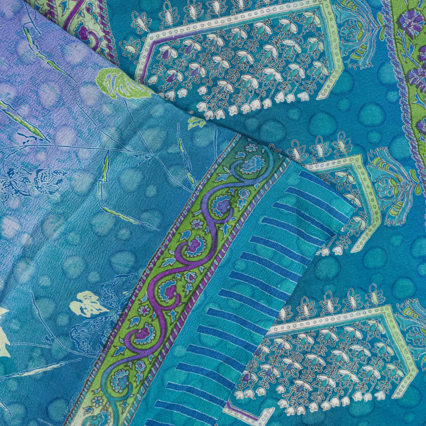 Sanskriti Vintage Saree Blue 100%Pure Crepe Floral Printed Sari 6Yd Craft Fabric