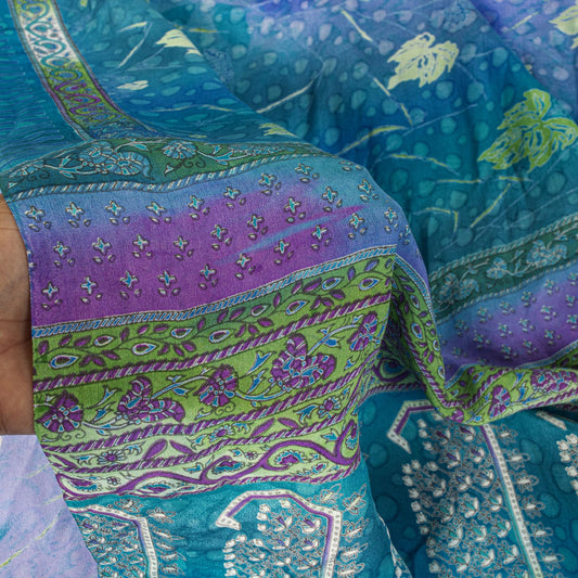 Sanskriti Vintage Saree Blue 100%Pure Crepe Floral Printed Sari 6Yd Craft Fabric