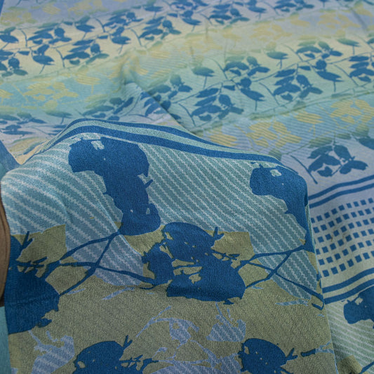 Sanskriti Vintage Saree Blue Pure Crepe Floral Printed Sari 5.5+Yd Craft Fabric