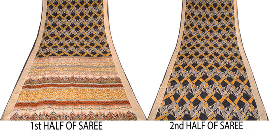 Sanskriti Vintage Saree Black Pure Crepe Abstract Print Sari 5+Yd Craft Fabric