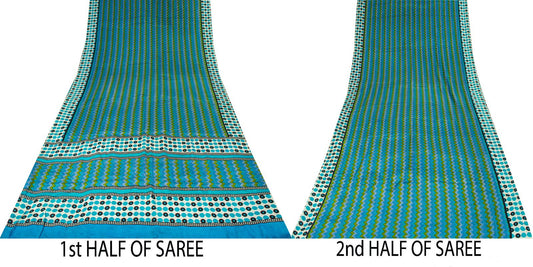 Sanskriti Vintage Saree Blue Pure Crepe Geometric Print Sari 5.5+Yd Craft Fabric