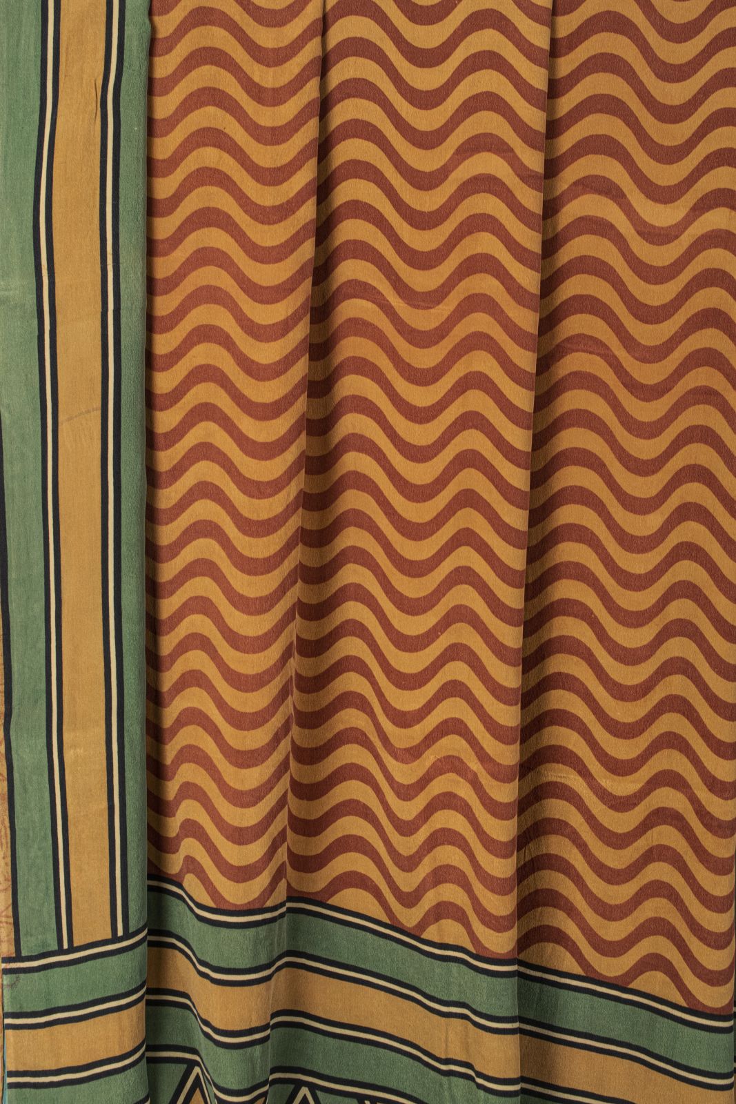 Sanskriti Vintage Saree Yellow Pure Crepe Wave LinePrint Sari 5.5Yd Craft Fabric