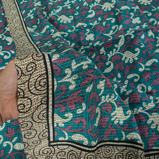 Sanskriti Vintage Blue Pure Crepe Silk Saree Floral Print Sari 5+Yard Fabric DIY