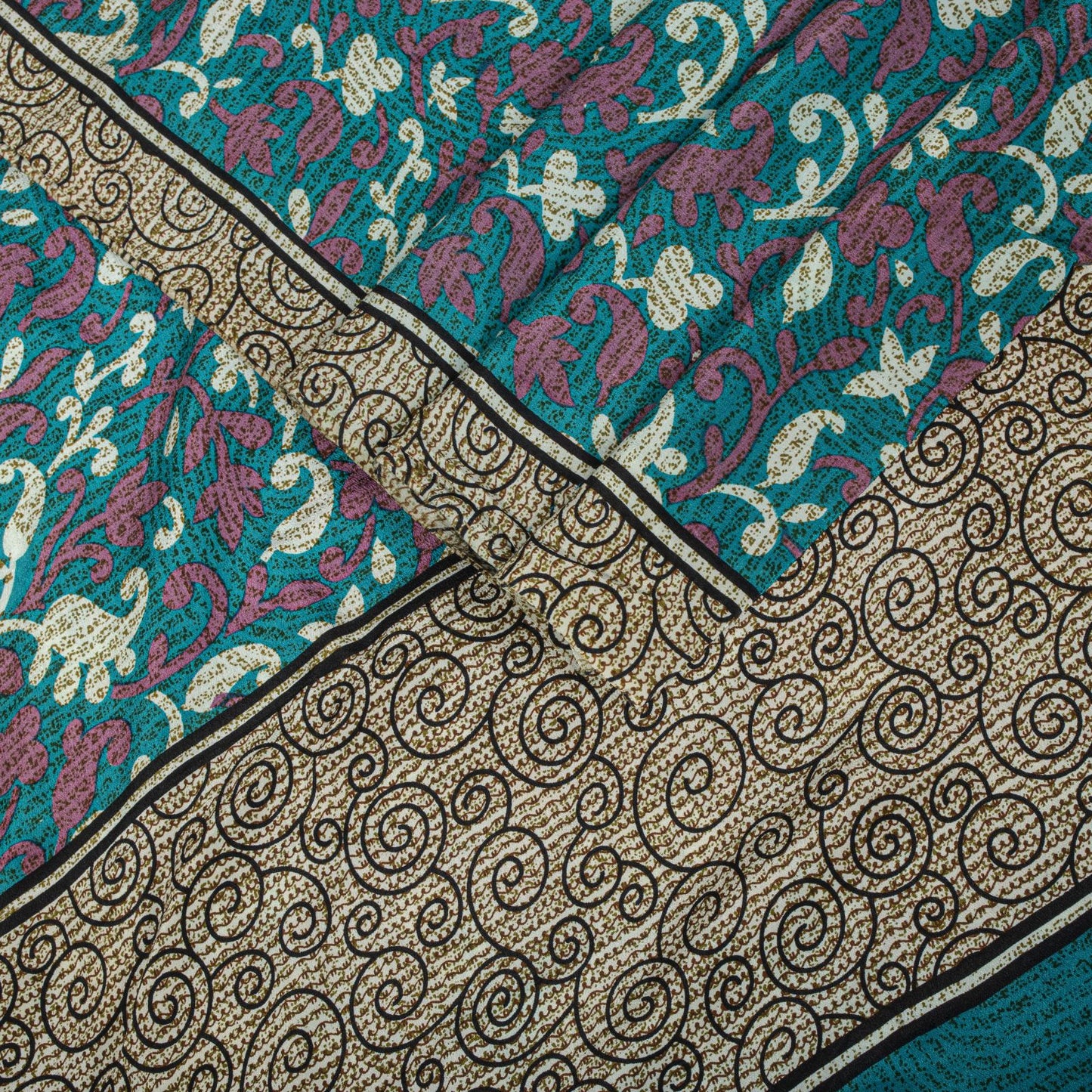 Sanskriti Vintage Blue Pure Crepe Silk Saree Floral Print Sari 5+Yard Fabric DIY