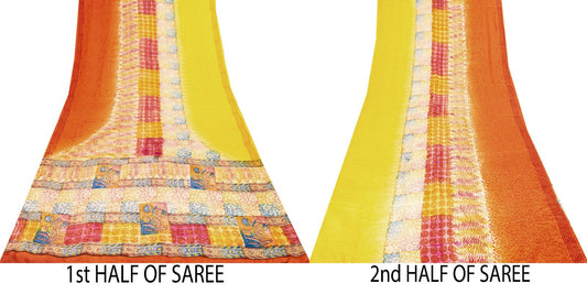 Sanskriti Vintage Saree Multicolor Pure Crepe Floral Printed Sari 5.5+Yd Fabric