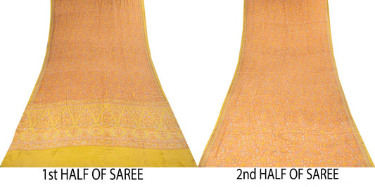 Sanskriti Vintage Saree Peach Pure Crepe Floral Printed Sari 5.5+Yd Craft Fabric