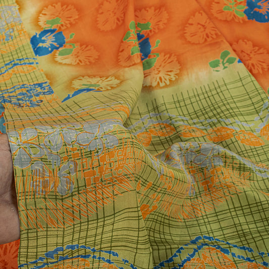 Sanskriti Vintage Saree Orange Pure Crepe Floral Printed Sari 5 Yd Craft Fabric