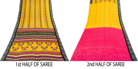 Sanskriti Vintage Saree Yellow Pure Crepe Pithora Art Printed Sari 5.5+Yd Fabric