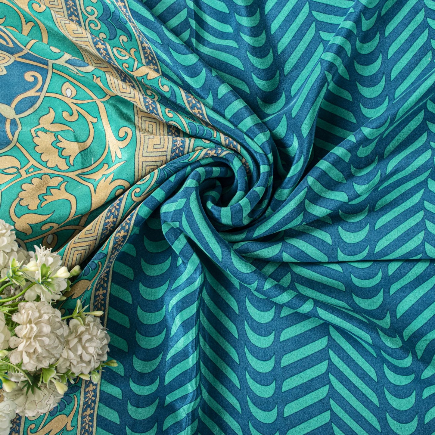 Sanskriti Vintage Blue Saree Fabric Pure Crepe Geometric Print Sari 5.5+Yd Craft