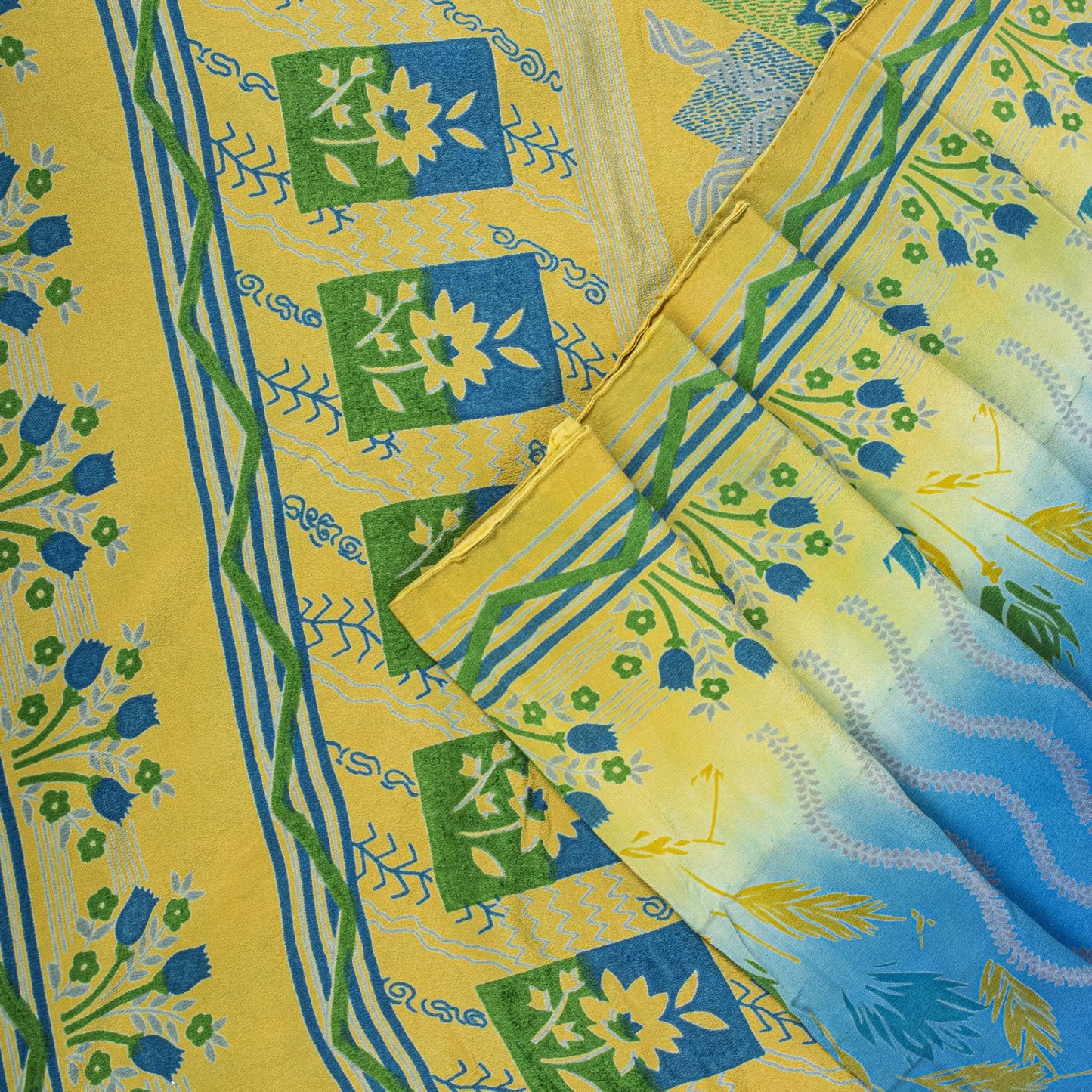 Sanskriti Vintage Saree Blue Pure Crepe Floral Printed Sari 5.5+Yd Craft Fabric
