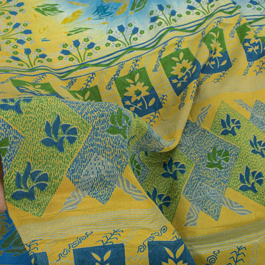 Sanskriti Vintage Saree Blue Pure Crepe Floral Printed Sari 5.5+Yd Craft Fabric