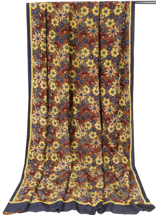 Sanskriti Vintage Saree Brown Pure Crepe Floral Printed Sari 5.5+Yd Craft Fabric