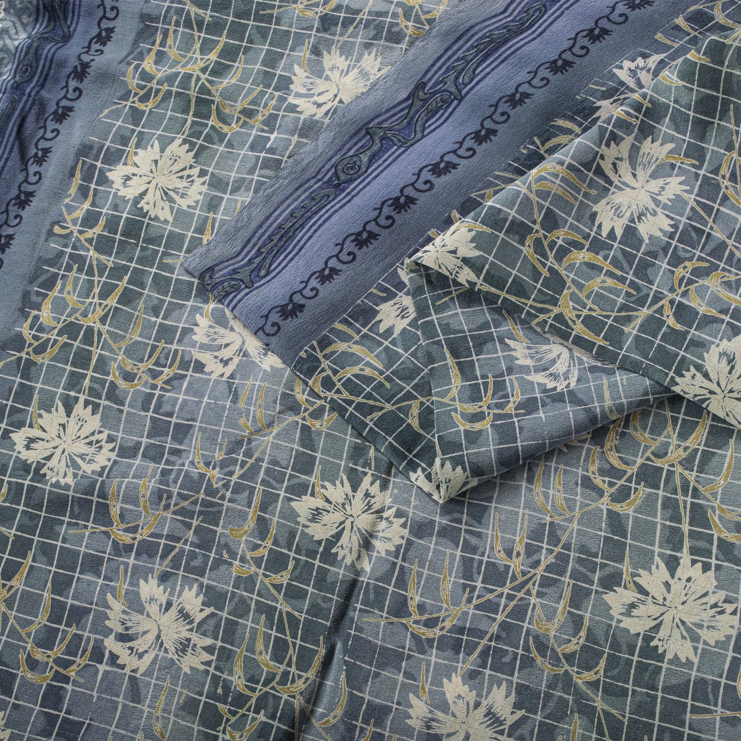 Sanskriti Vintage Gray Pure Crepe Silk Saree Floral Geometric Print Sari 5Yard