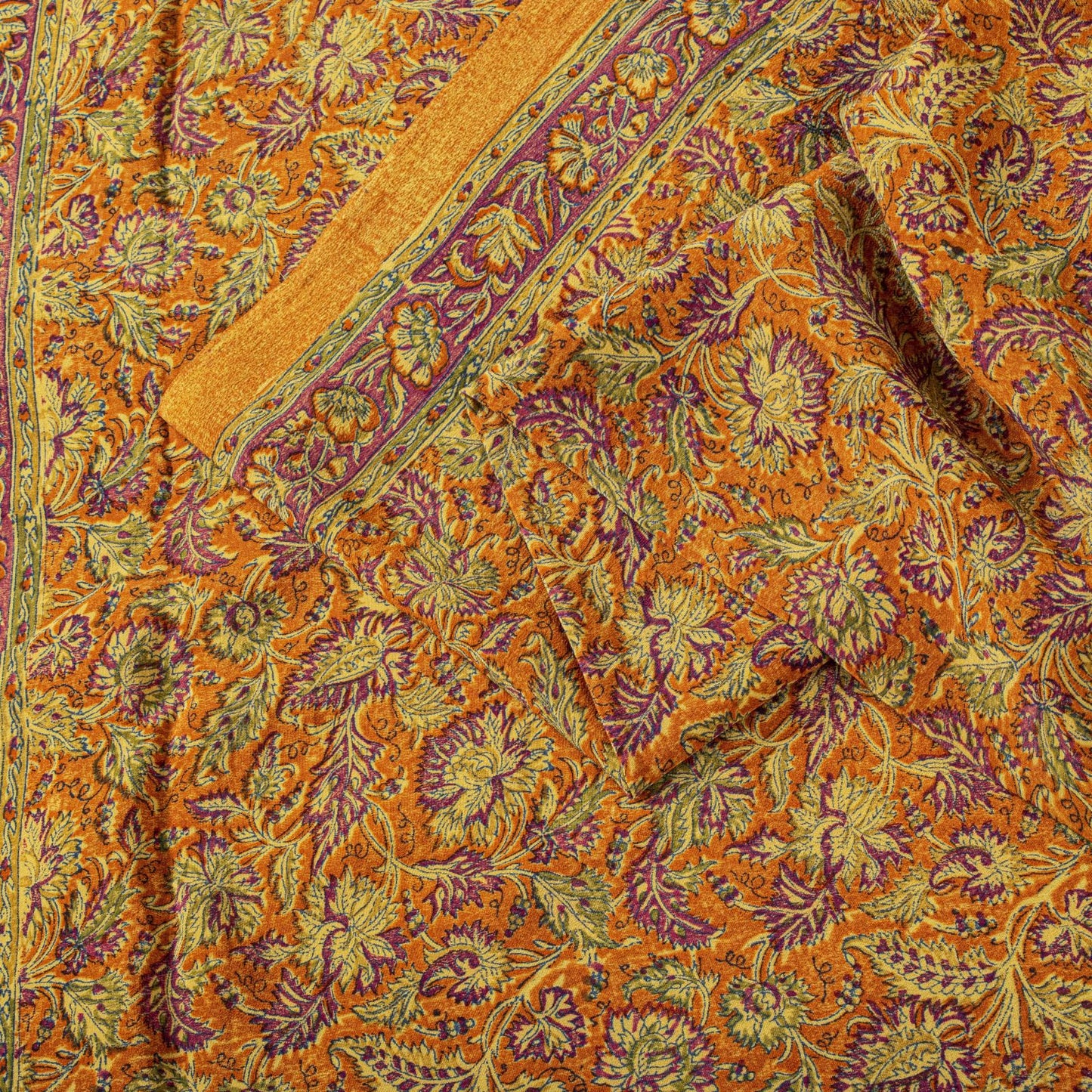 Sanskriti Vintage Orange Pure Crepe Silk Saree Floral Printed Sari 5.5 Craft DIY