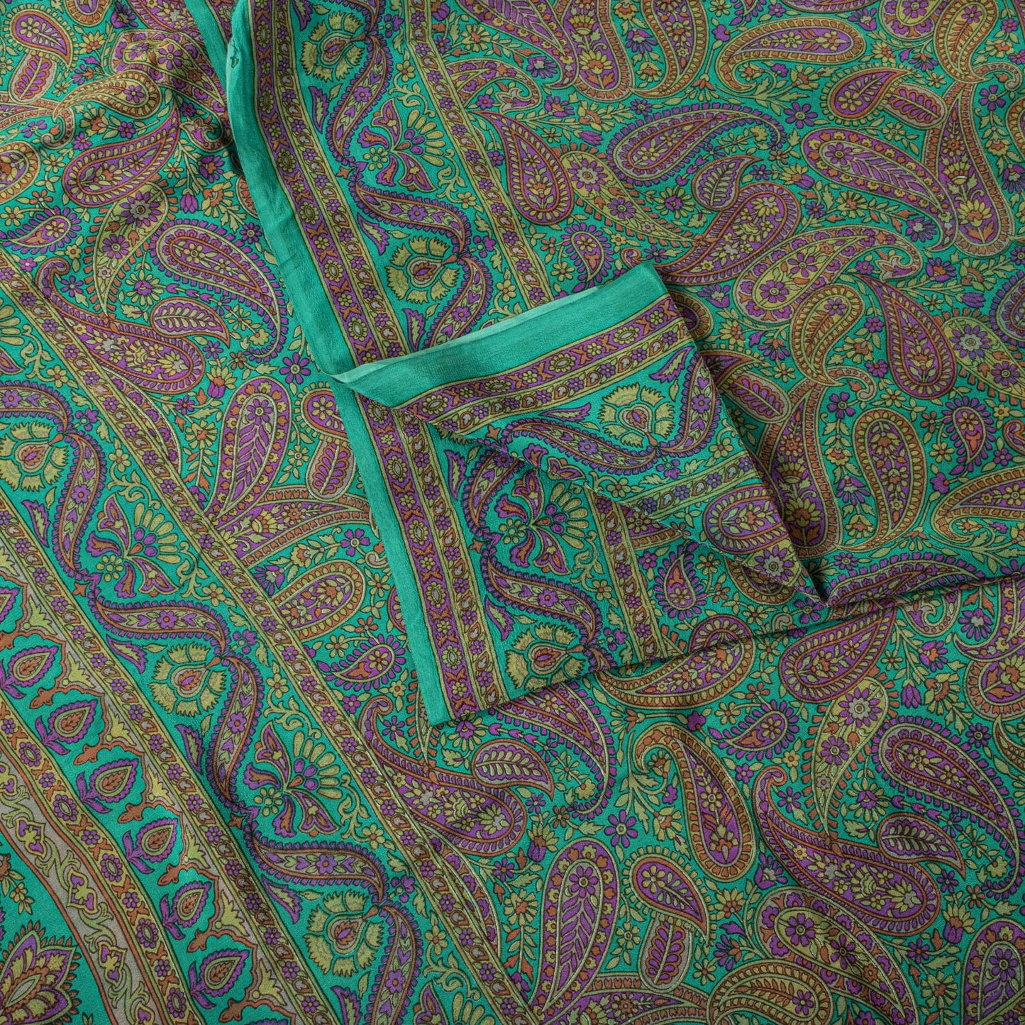 Sanskriti Vintage Green Pure Crepe Silk Saree Paisley Print Sari 5.5 yard Fabric
