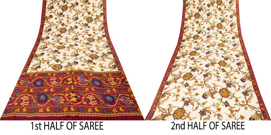 Sanskriti Vintage Cream Pure Crepe Silk Saree Floral Dot Printed Sari 5+Yard DIY
