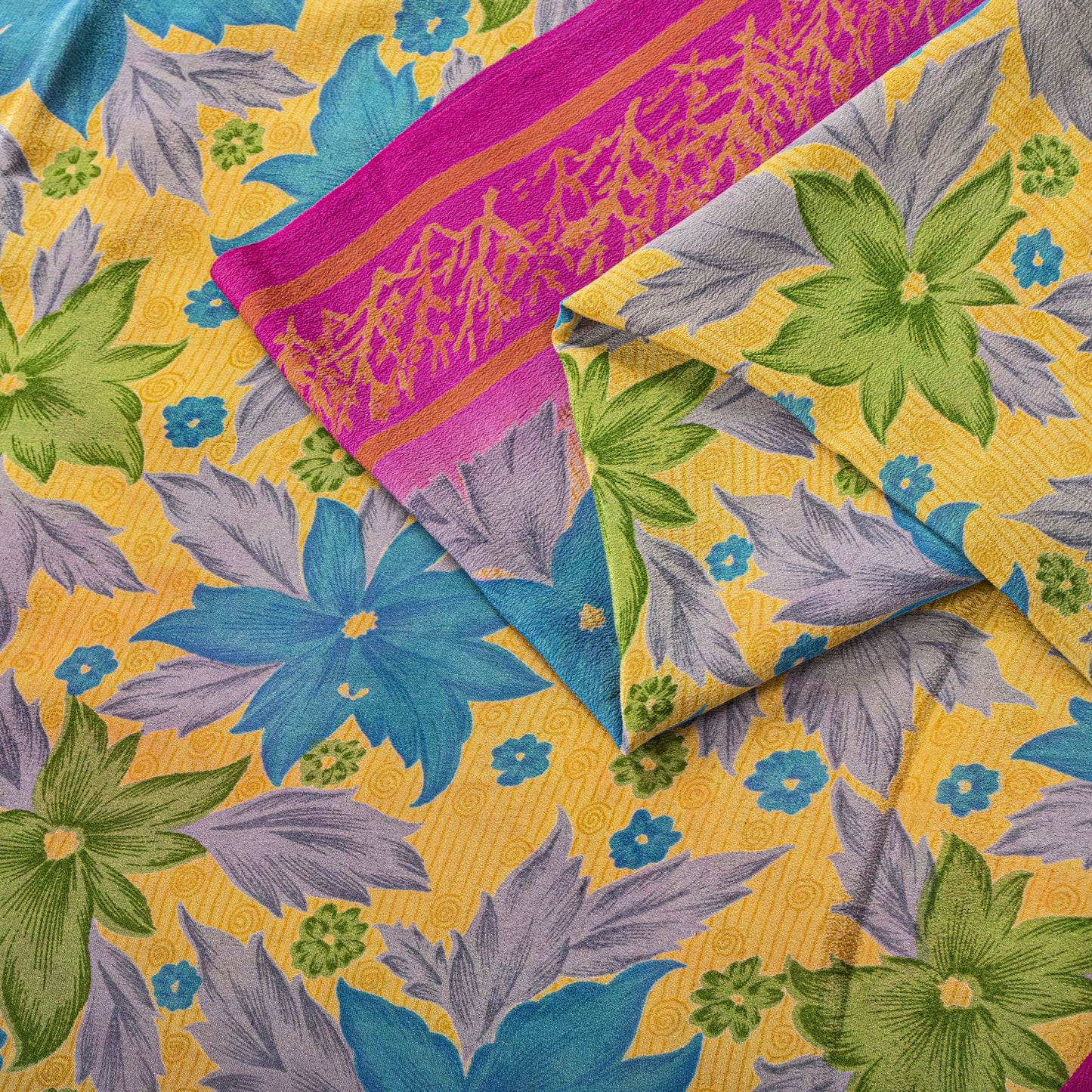 Sanskriti Vintage Saree Yellow Pure Crepe Floral Printed Sari 5+Yd Craft Fabric