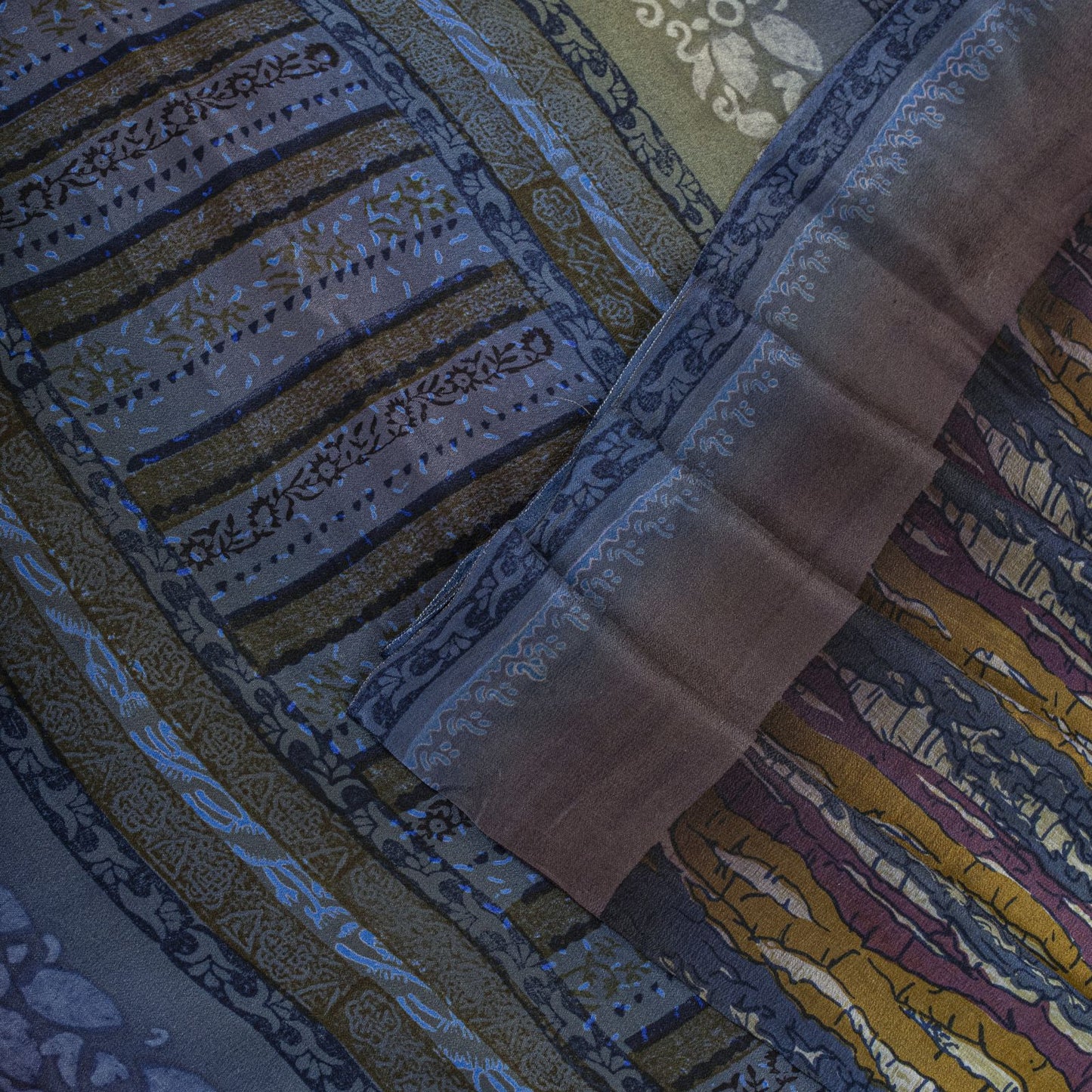 Sanskriti Vintage Saree Blue Pure Crepe Abstract Print Sari 5.5Yard Craft Fabric