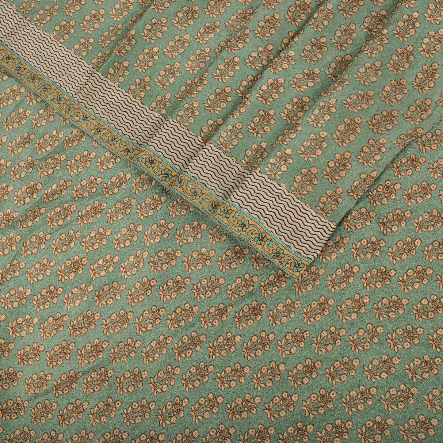 Sanskriti Vintage Green Saree Pure Crepe Floral Printed Sari 5.5+Yd Craft Fabric