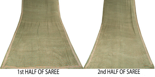 Sanskriti Vintage Green Saree Pure Crepe Floral Printed Sari 5.5+Yd Craft Fabric