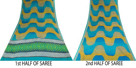 Vintage Saree Blue 100% Pure Crepe Silk Abstract Wave Printed Sari 5.5+Yd Craft Sewing Fabric Decor