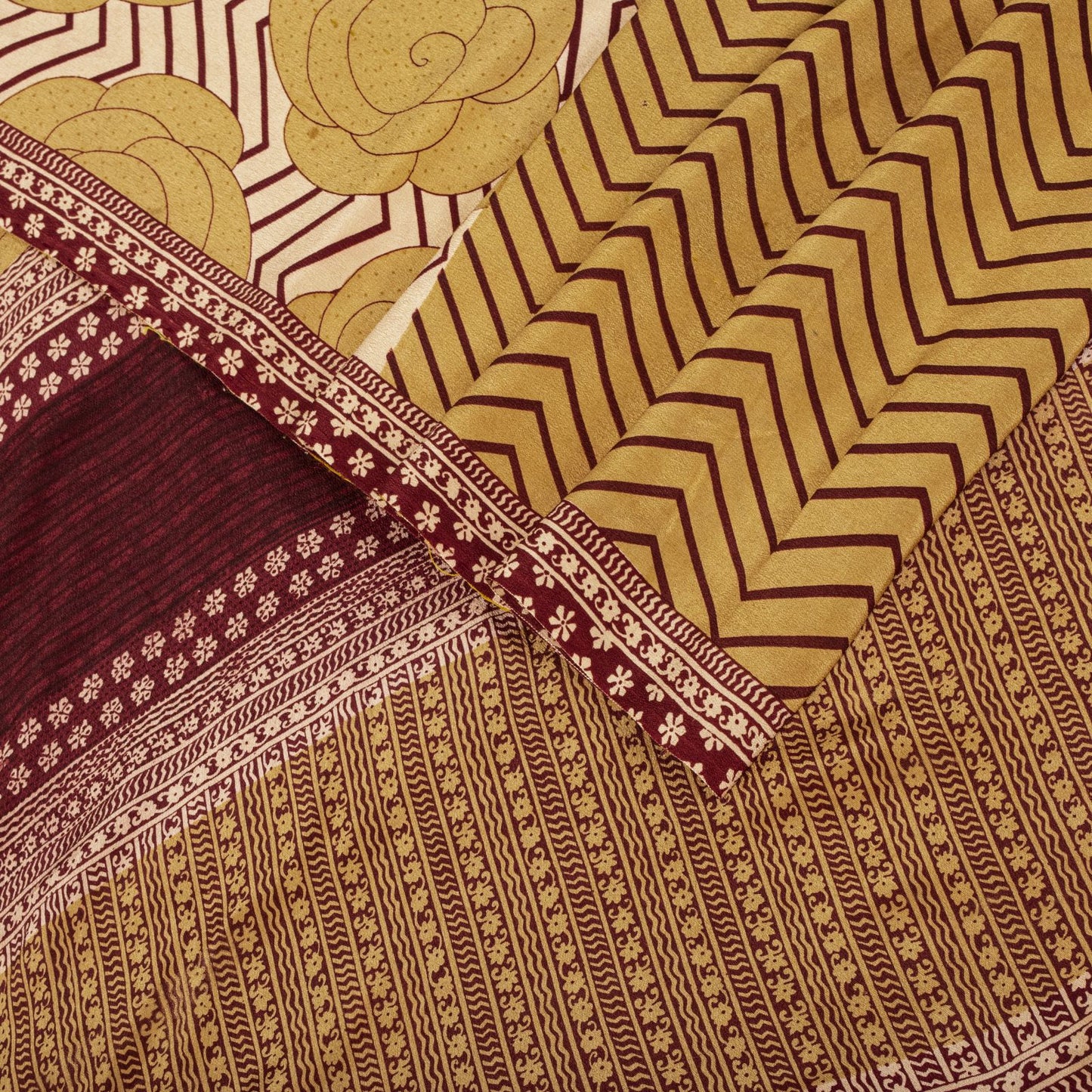 Sanskriti Vintage Saree Beige Pure Crepe Floral Print Sari 5.5+Yard Craft Fabric