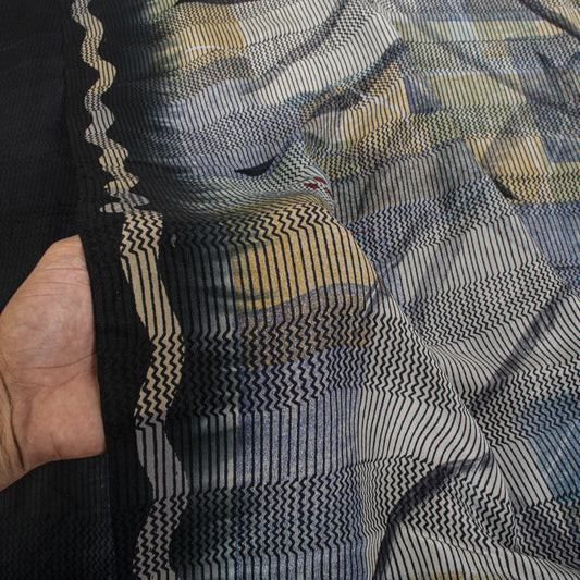 Sanskriti Vintage Saree Gray-Black Pure Crepe Abstract Print Sari 5.5Yard Fabric