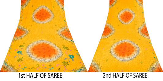 Sanskriti Vintage Saree Yellow Pure Crepe Silk Floral Print Sari 5.5+Yard Fabric