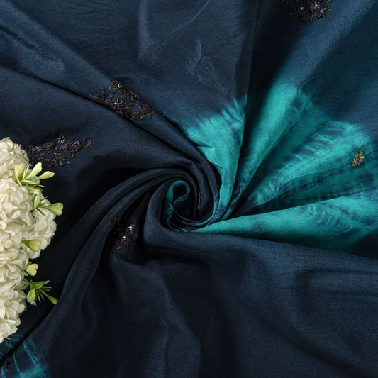 Sanskriti Vintage Saree Blue Pure Crepe Tie-Dye-Hand Embroidered Sari Fabric