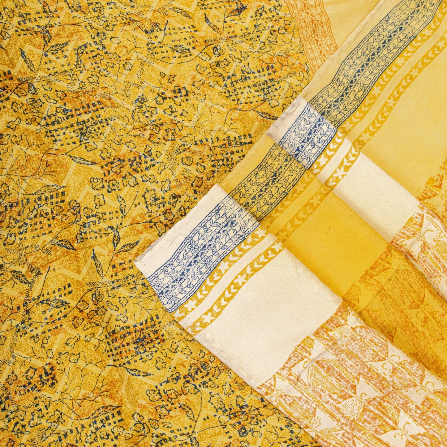 Sanskriti Vintage Saree Yellow Pure Crepe Drum Floral Printed Sari 5+Yard Fabric